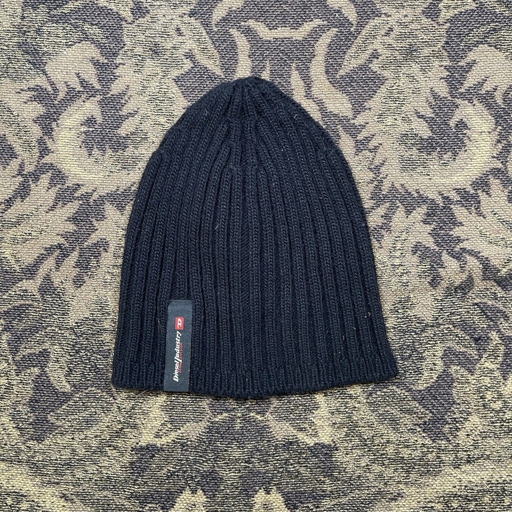 Diesel Industry Knit Beanie Hat Black Ribbed Logo Acrylic Made In Italy One Size